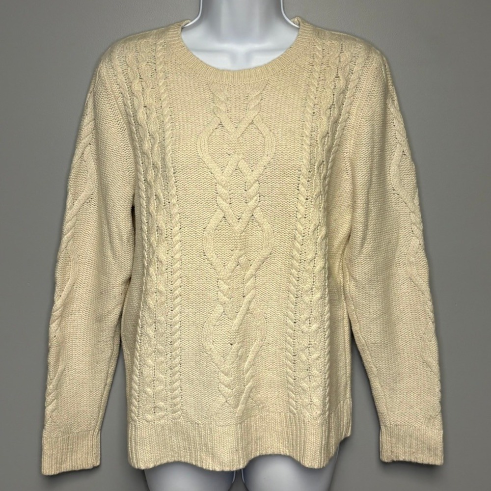 JCP Ivory Wool Blend Cable Knit Preppy Holiday Minimalist Sweater Womens Sz L